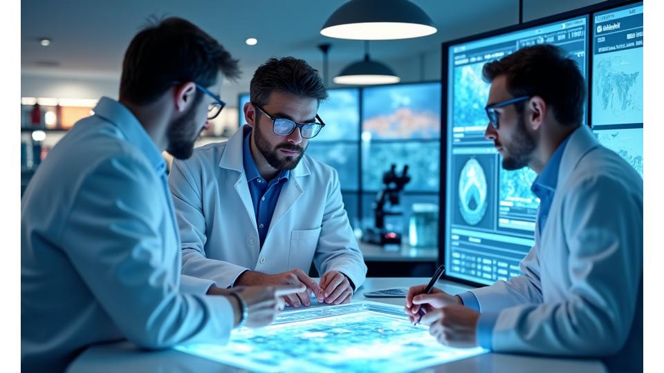 Zinātnieki, kas strādā pie jūras kartes un datu analīzes tabulas laboratorijā