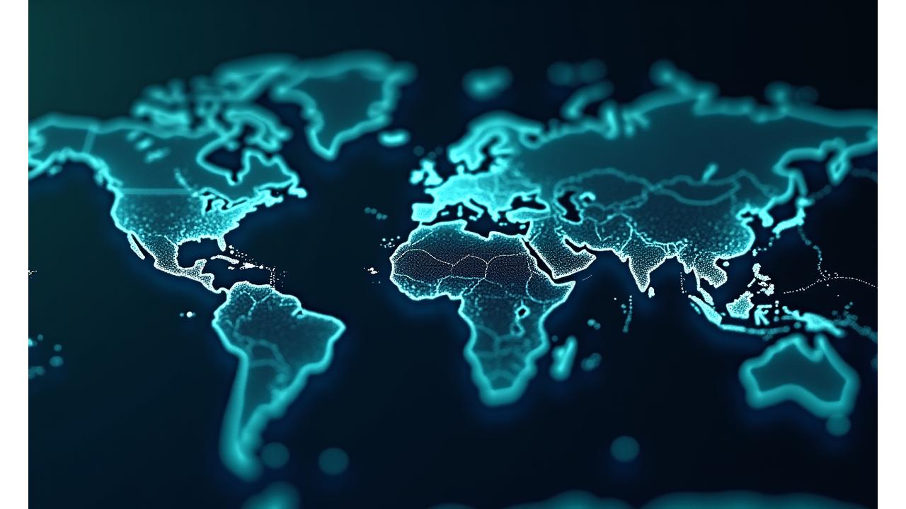 AI algoritmu vizualizācija, kas simulē kuģu optimizētu maršruta plānošanu ar datu plūsmām uz digitālas kartes.
