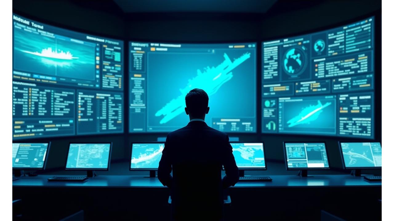 Mūsdienīga kuģu kontroles centra vadības panelis ar digitāliem ekrāniem, kas rāda ostas darbību optimizācijas programmatūru.