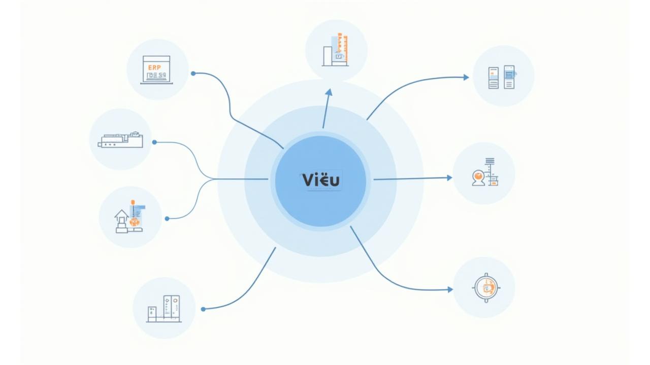 Sistēmu integrācijas diagramma, kas rāda dažādu jūras loģistikas sistēmu savienojamību ar centrālo programmatūras platformu.