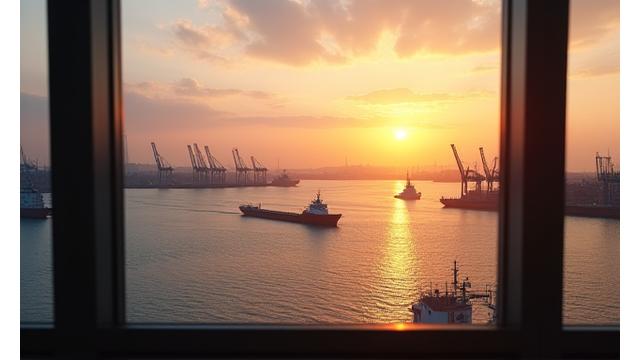 Skats pa logu no Viļņu Reģistrs biroja ar Liepājas ostas panorāmu