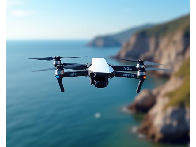 Augstas izšķirtspējas drona attēls, kas lido virs Baltijas jūras piekrastes, aprīkots ar modernām 4K kamerām un LIDAR sensoriem, vācot detalizētus topogrāfiskos datus. Dronam ir redzams Viļņu Reģistrs logotips.