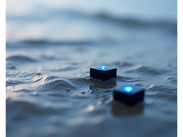 Nelielu, ūdensnecaurlaidīgu IoT sensoru attēls, kas ir izvietoti smiltīs un ūdenī Baltijas jūras piekrastē, reālā laikā mērot smilšu kustību, viļņu augstumu un ūdens straumes. Sensoriem ir redzamas diskrētas antenas.