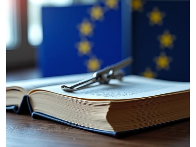 Likumu grāmata un ES karogs, simbolizējot atbilstību vides regulējumiem